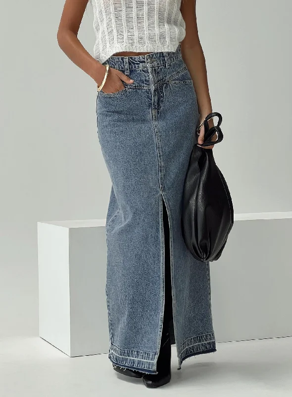 Ethnic Cultural Event Wear Deneuve Denim Maxi Skirt Mid Wash