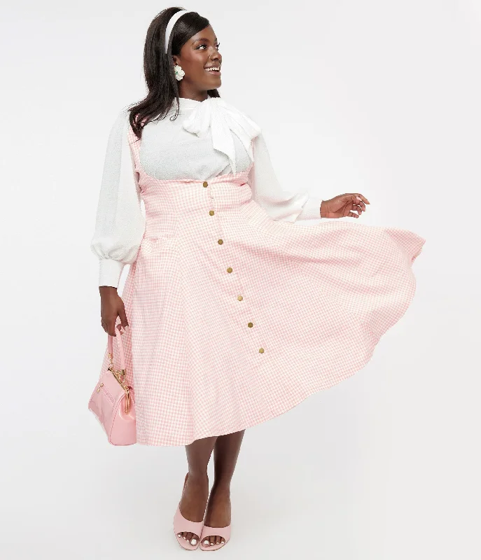 Effortless Sophistication Unique Vintage Plus Size Pink & White Gingham Button Suspender Swing Skirt Effortless Sophistication Unique Vintage Plus Size Pink & White Gingham Button Suspender Swing Skirt