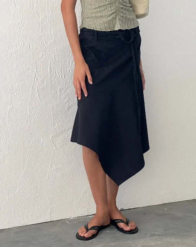 Fashion Deal Nejusi Asymmetric Midi Skirt in Black with Braided Belt