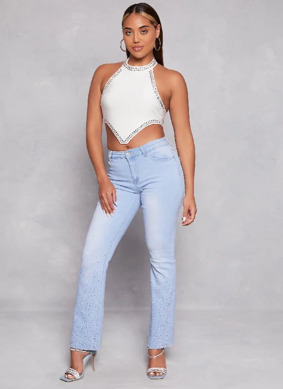 Luxe Women's Apparel WAX Rhinestone Raw Hem Boot Cut Jeans