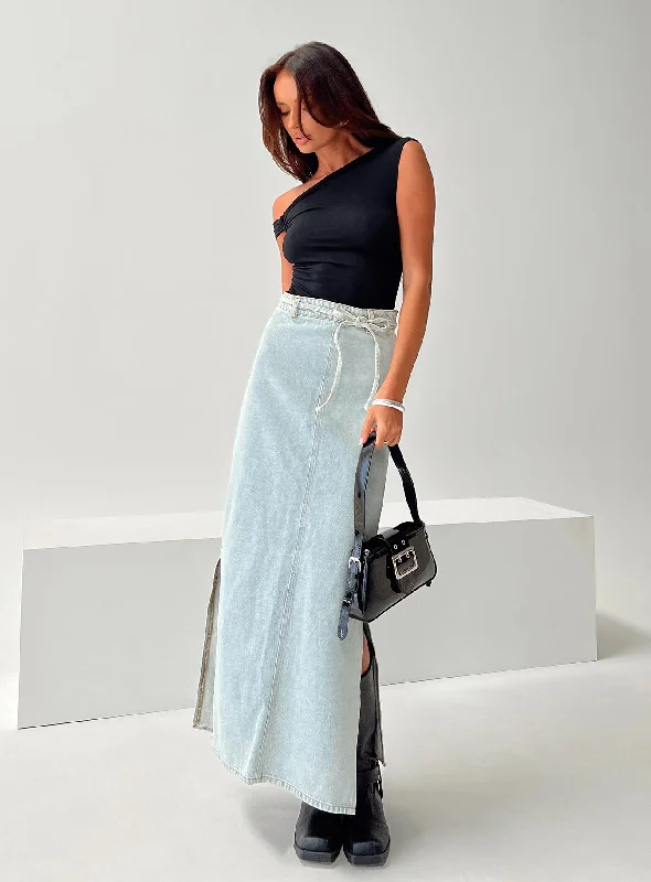 Exclusive Sale Brandee Tie Front Denim Maxi Skirt Light Wash