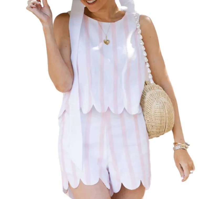 Feminine Elegant Scallop Set Short In Pink Stripe
