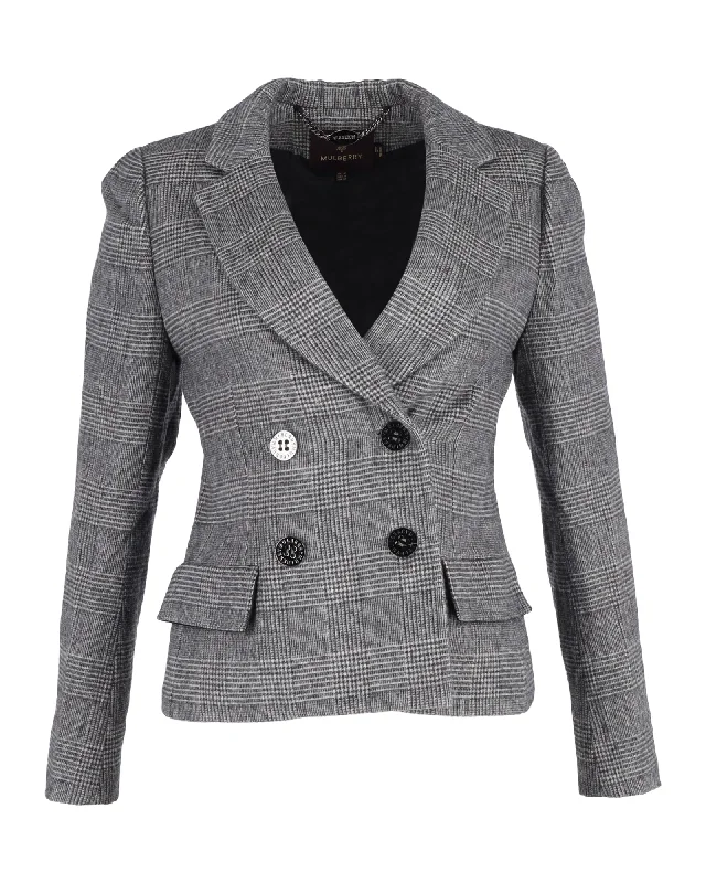 Summer Essentials Mulberry Check Double-Breasted Blazer in Gray Wool