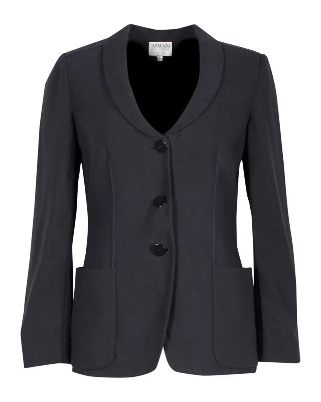 New Season Fashion Preview Sale Armani Collezioni Single-Breasted Blazer in Navy Blue Wool