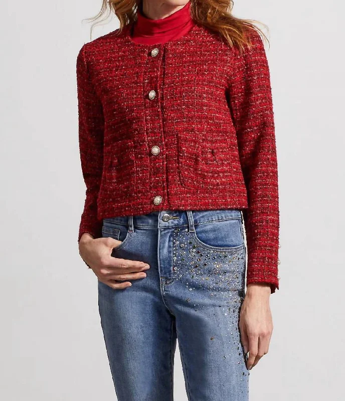 Parisian Effortless Chic Style Tweed Fancy Jacket In Earth Red