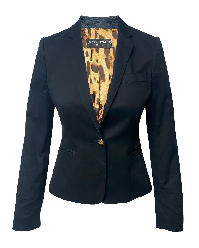 Effortless Chic Apparel Dolce And Gabbana Leopard Print Lined Blazer in Navy Blue Cotton