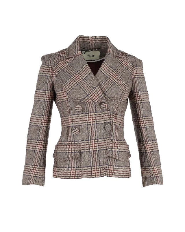 Huge Markdowns Fendi Double Breasted Prince Of Wales Checked Jacket in Brown Wool