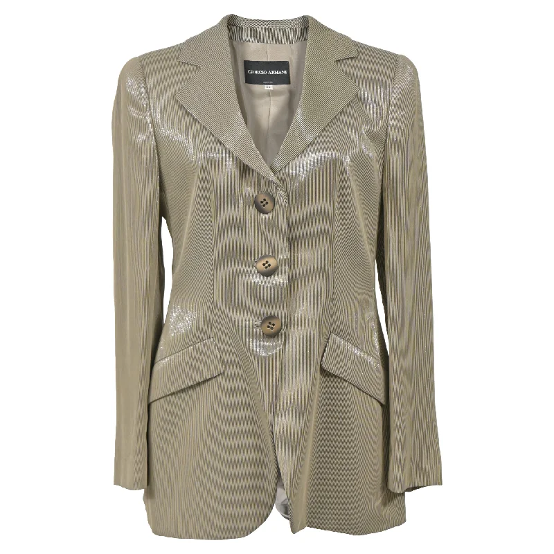 Update With Cottagecore Styles Giorgio Armani Sheered Stripe Single-Breasted Blazer in Beige Polyester Update With Cottagecore Styles Giorgio Armani Sheered Stripe Single-Breasted Blazer in Beige Polyester