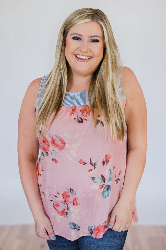 Casual Women's Clothing Online Stroll Through the Park Floral & Stripe Tank Top- Rose Pink