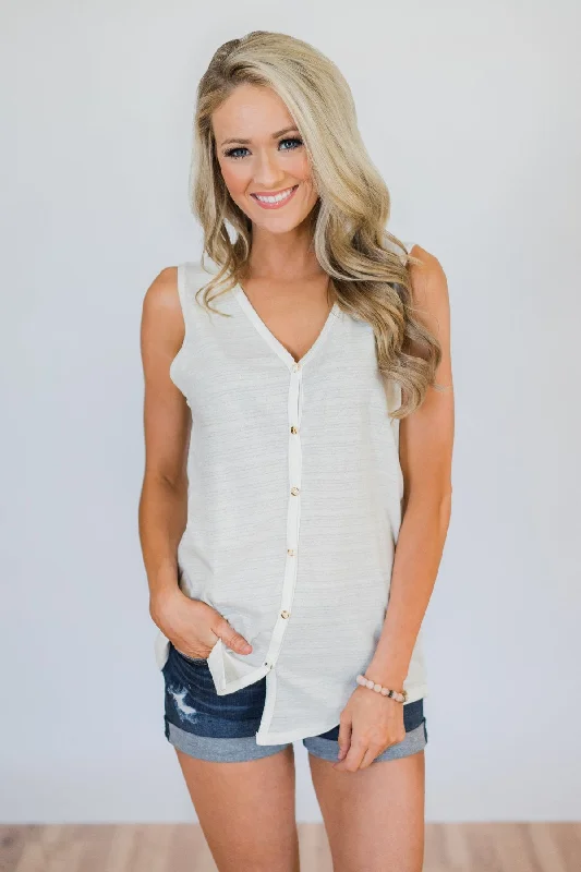 Women's Formal Event Outfit Basic Button Tank Top- Ivory