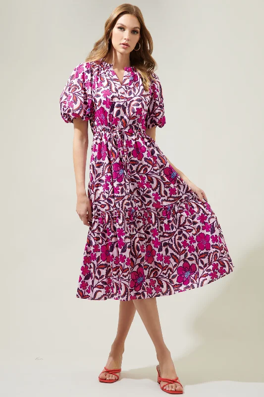 Chic Urban Fashion Look Aubrey Floral Ginny Bubble Sleeve Midi Dress