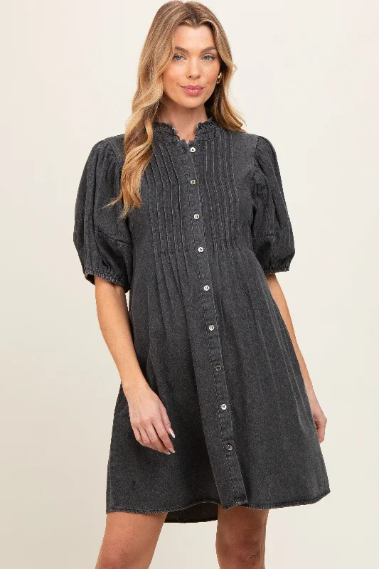 Quick Grab Deals Black Button Down Puff Sleeve Maternity Dress