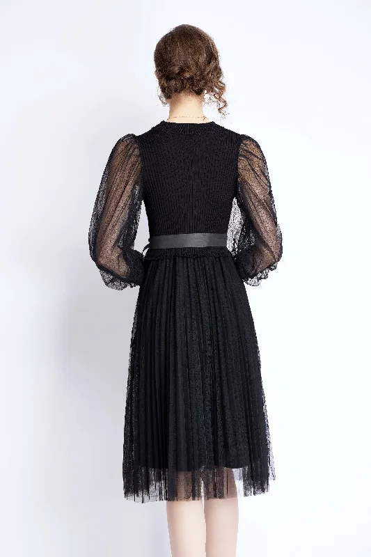 Style Your Wardrobe Black Evening A-line Crewneck Long Sleeve Knee Lace Dress