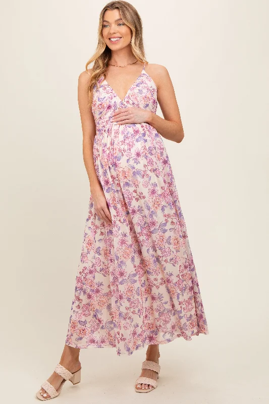 Luxury Style Pink Floral Mesh Sleeveless Maternity Maxi Dress