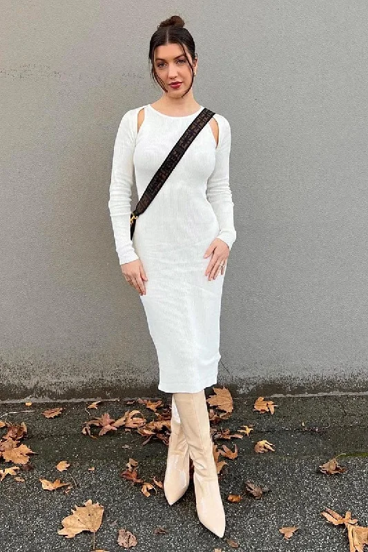 High End Women's Wear White Midi Dress Long Sleeve Keyhole Bodycon Rib Knit