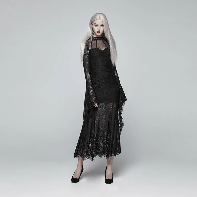 Best Sellers Women's Goth Translucence Long Sleeved Floral Lace Maxi Dress